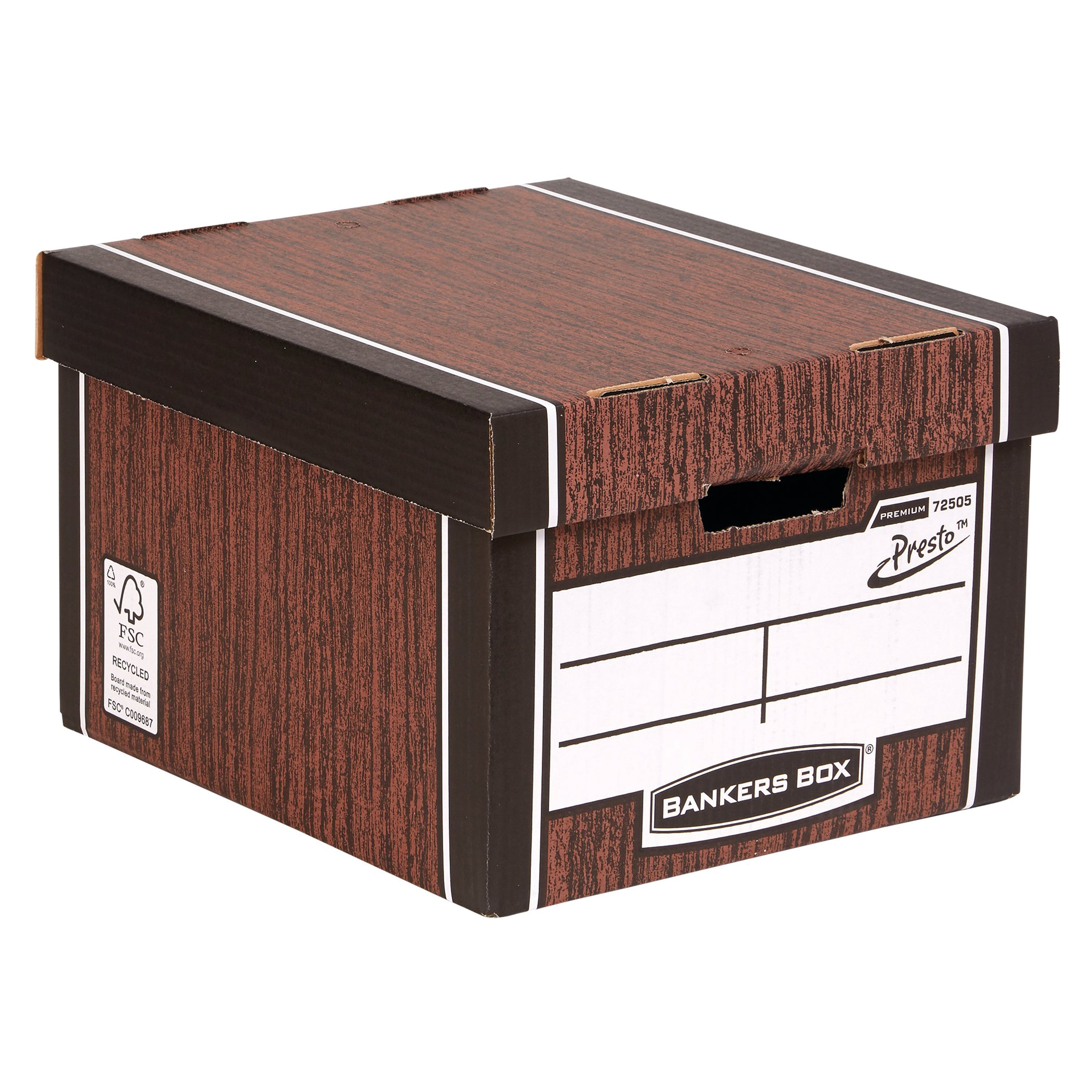 The quick, pop-up FastFold assembly of the wood grain Premium Classic storage box.