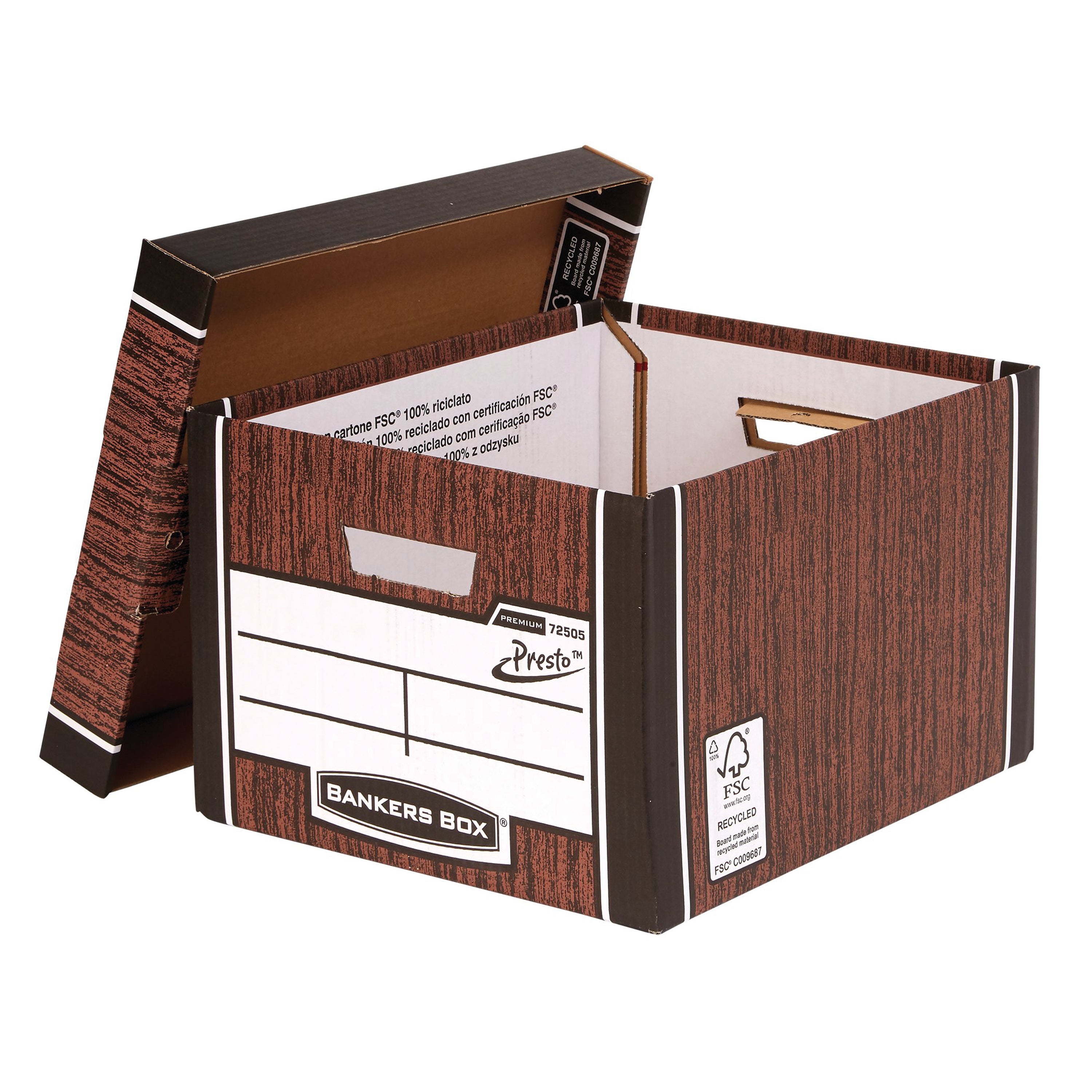 An open view of the wood grain Premium Classic box, showing its foolscap file capacity.