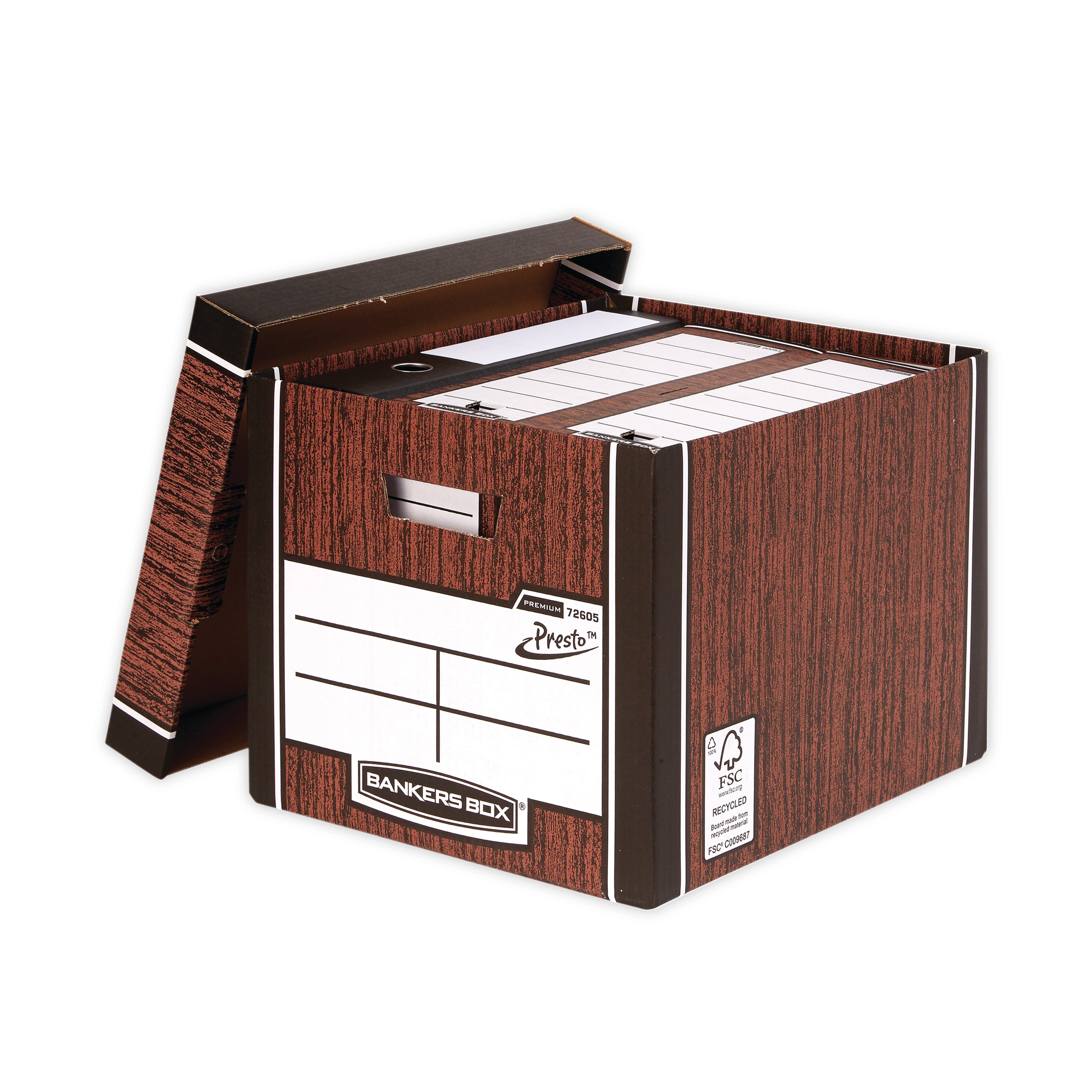 The simple and quick FastFold automatic assembly of the tall woodgrain Premium storage box.