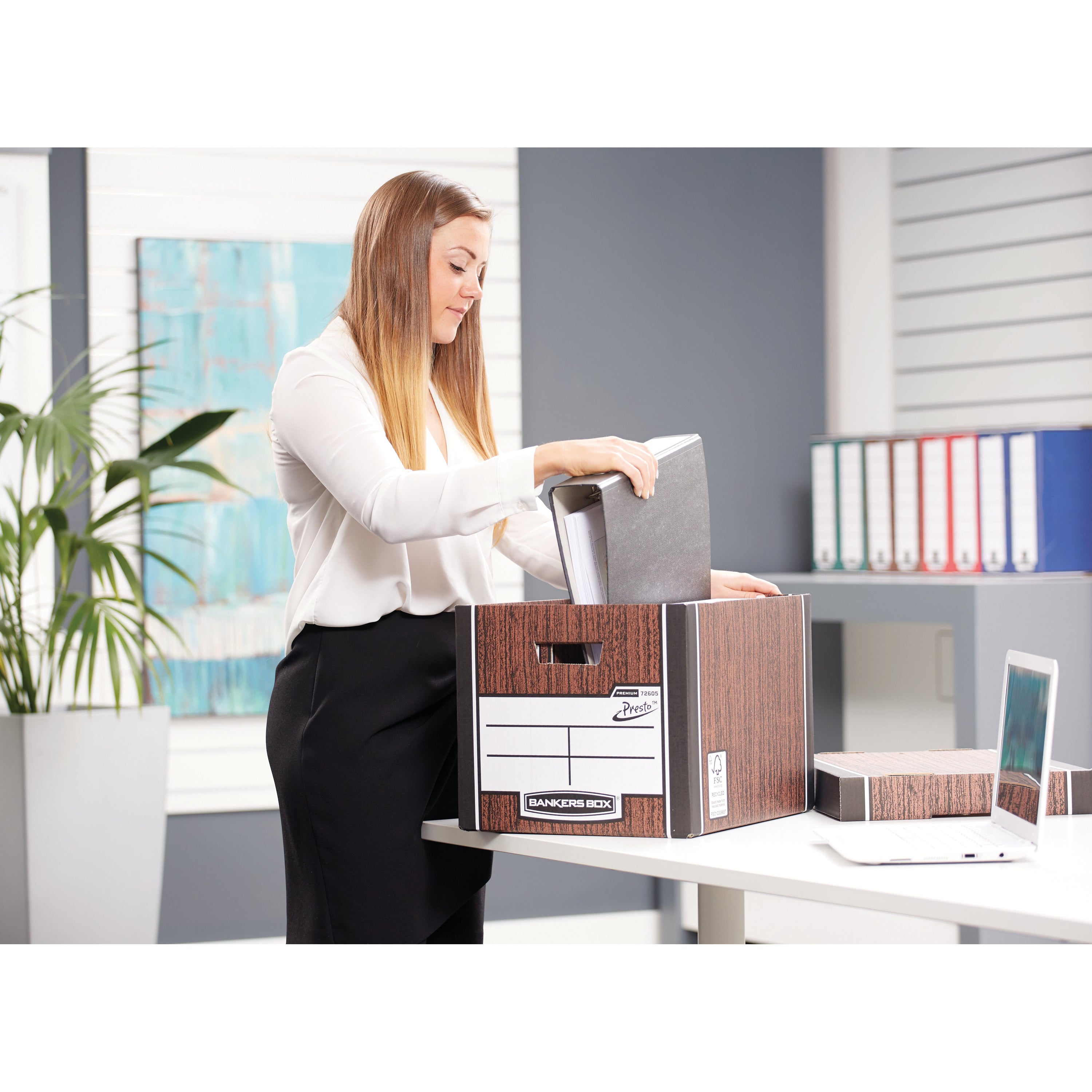 An open view of the tall woodgrain Premium box, showing its depth for larger documents.
