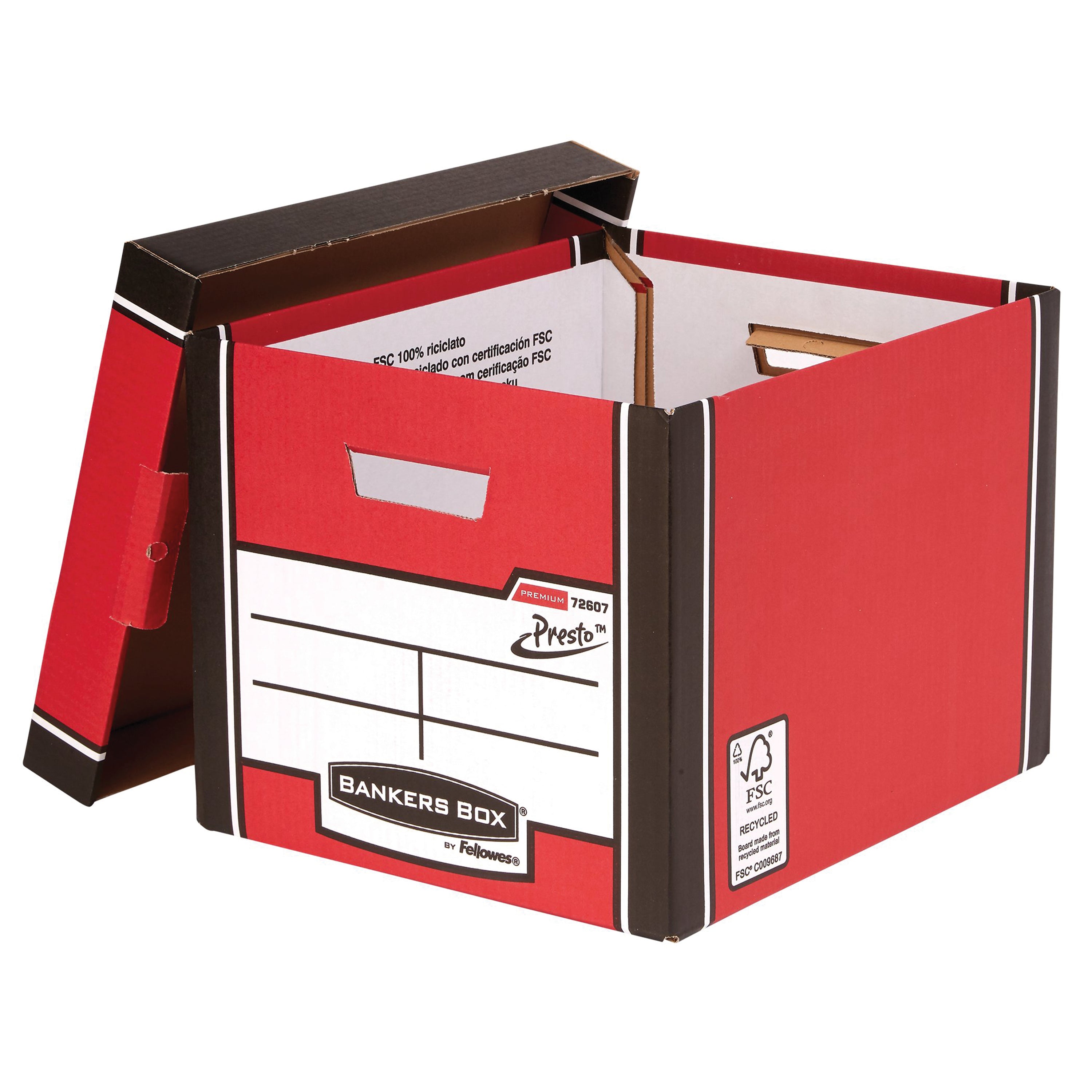 Vibrant red finish on the Bankers Box Premium tall storage container.