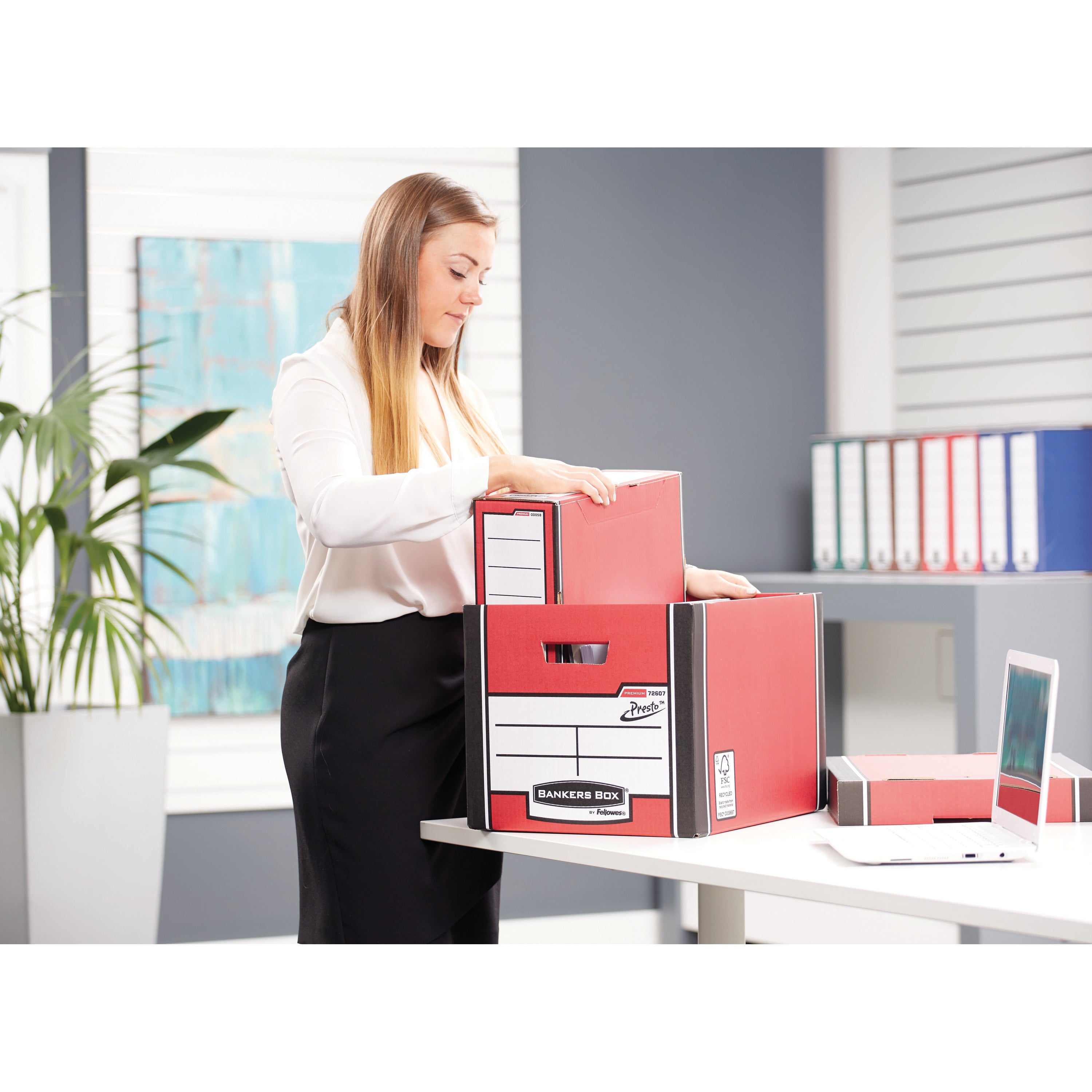 An open view of the tall red Premium storage box, showing its depth for larger binders.