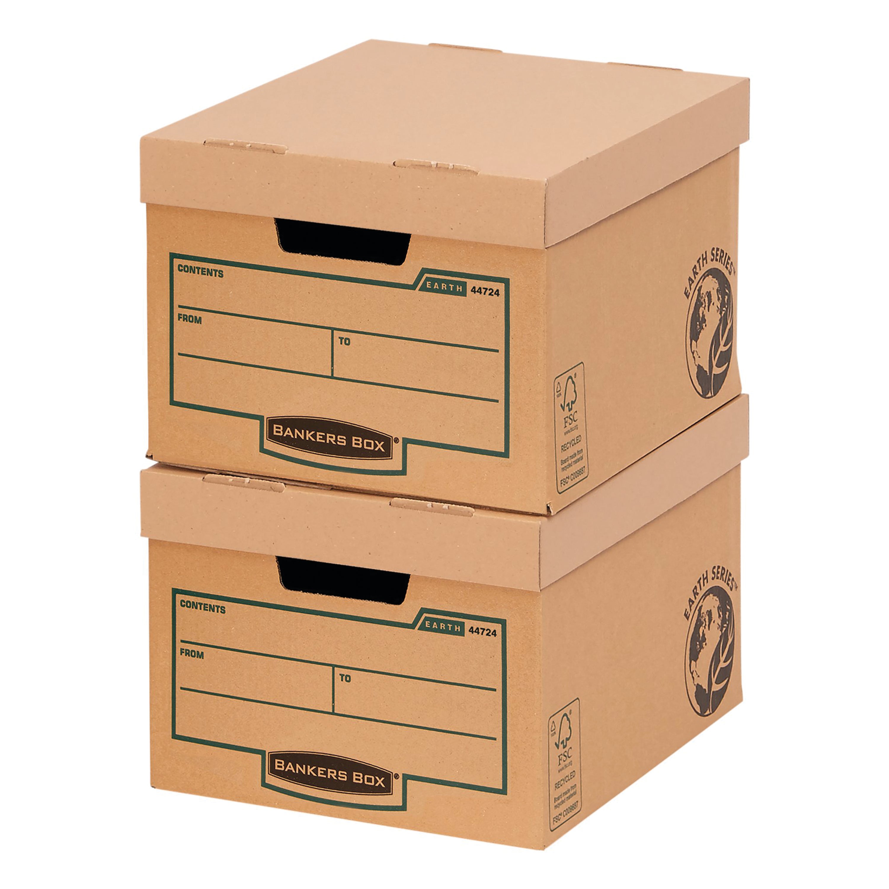 An open brown Bankers Box Earth Series storage box shown empty to display its full capacity.