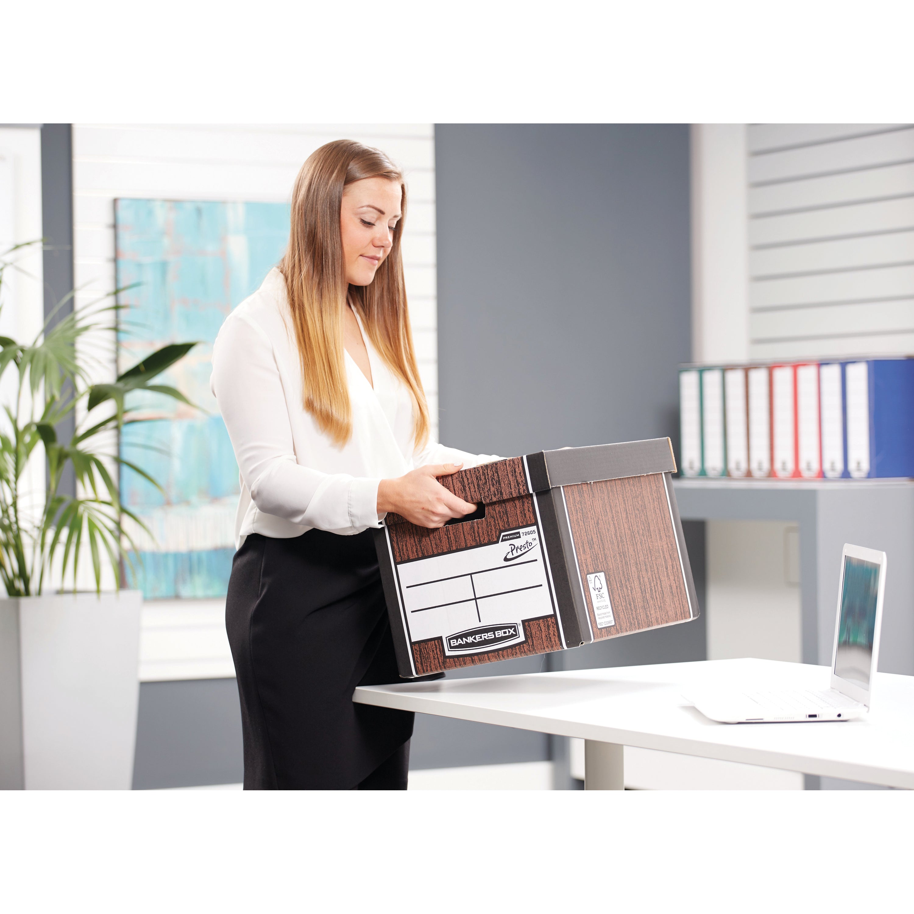 An office setup using Bankers Box System file store modules for accessible filing.