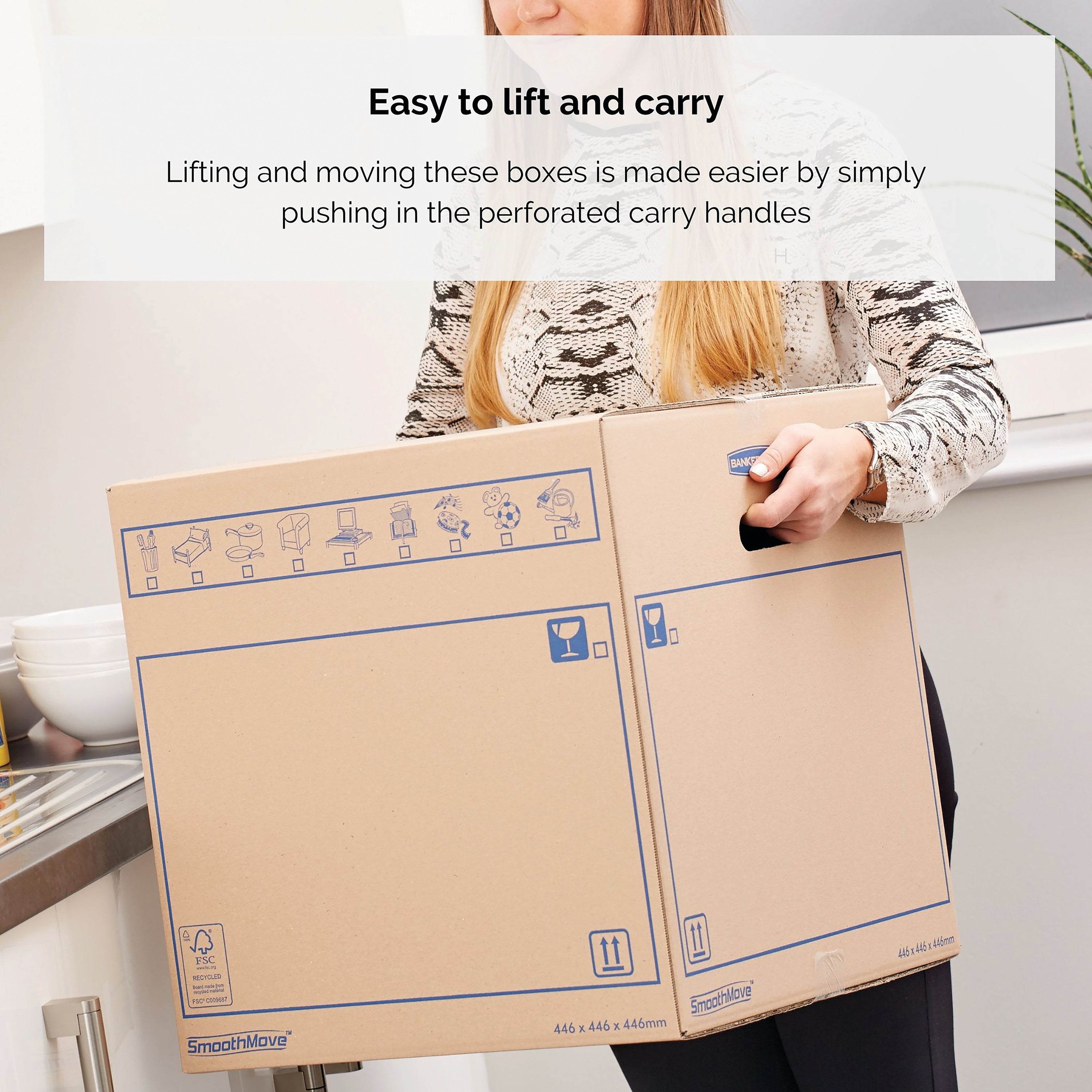 The pre-printed icons and large label area on the SmoothMove box for easy identification.