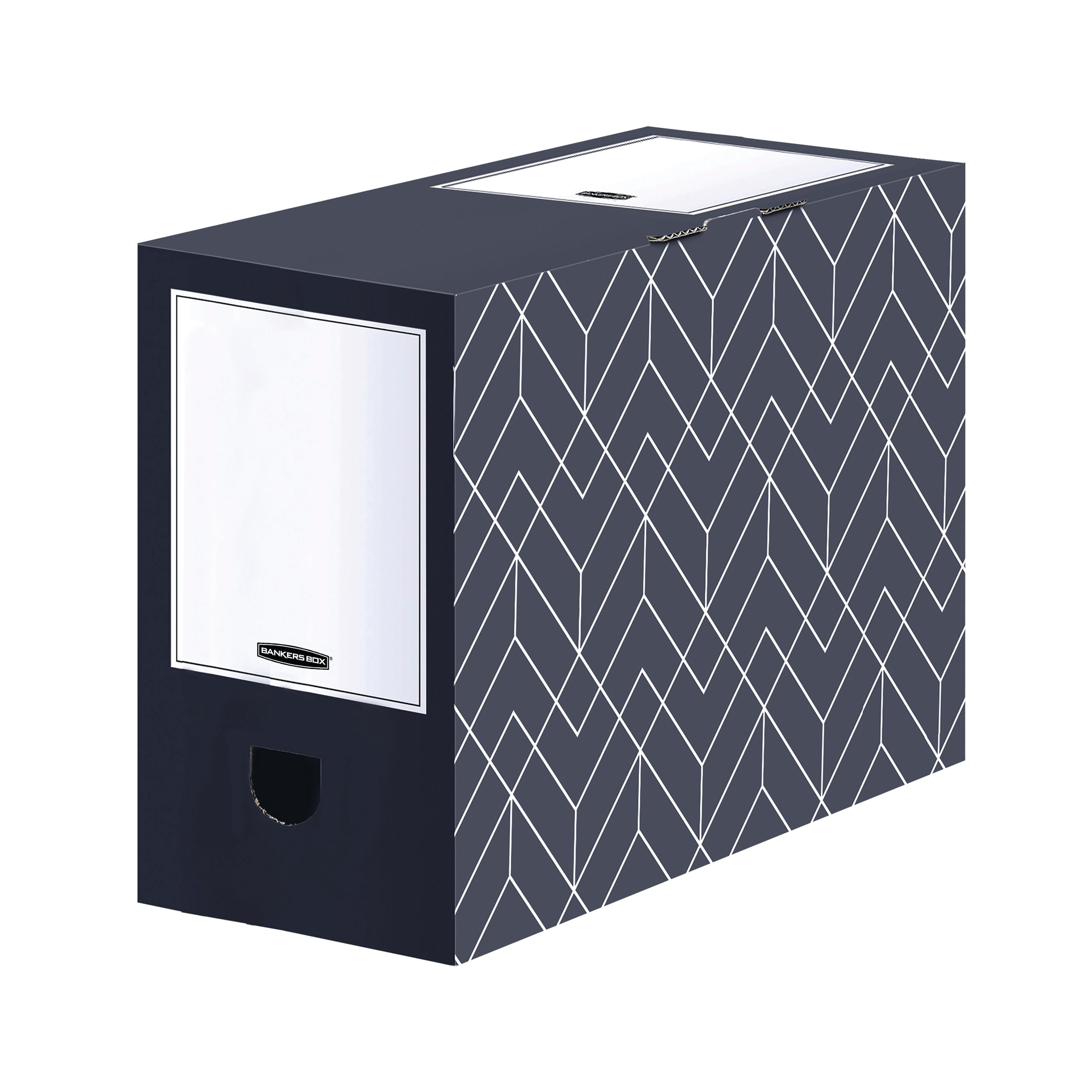 A Bankers Box Decor 150mm transfer file in a modern midnight blue and grey pattern.