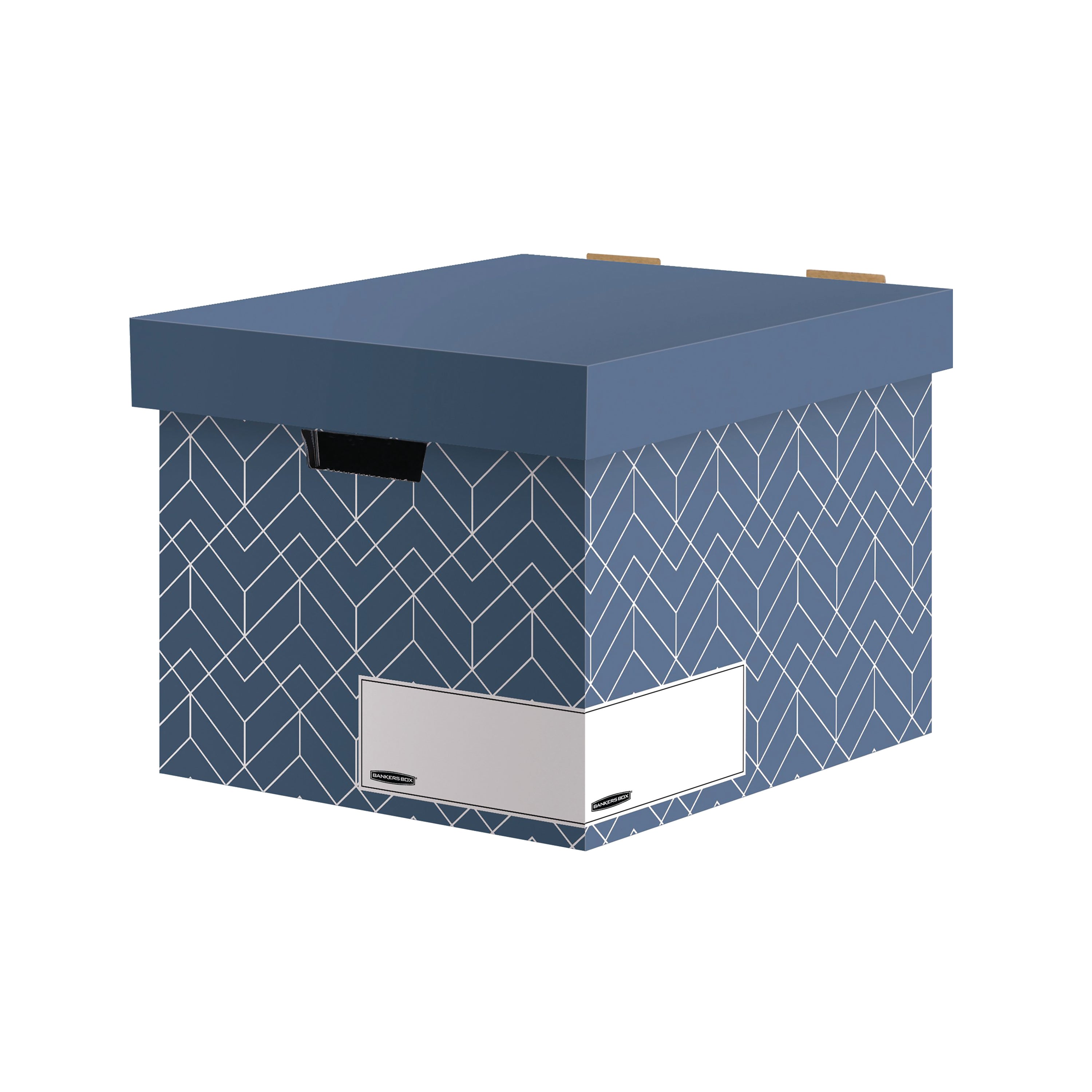 A Bankers Box Decor storage box in an urban slate blue design with a convenient lift-off lid.