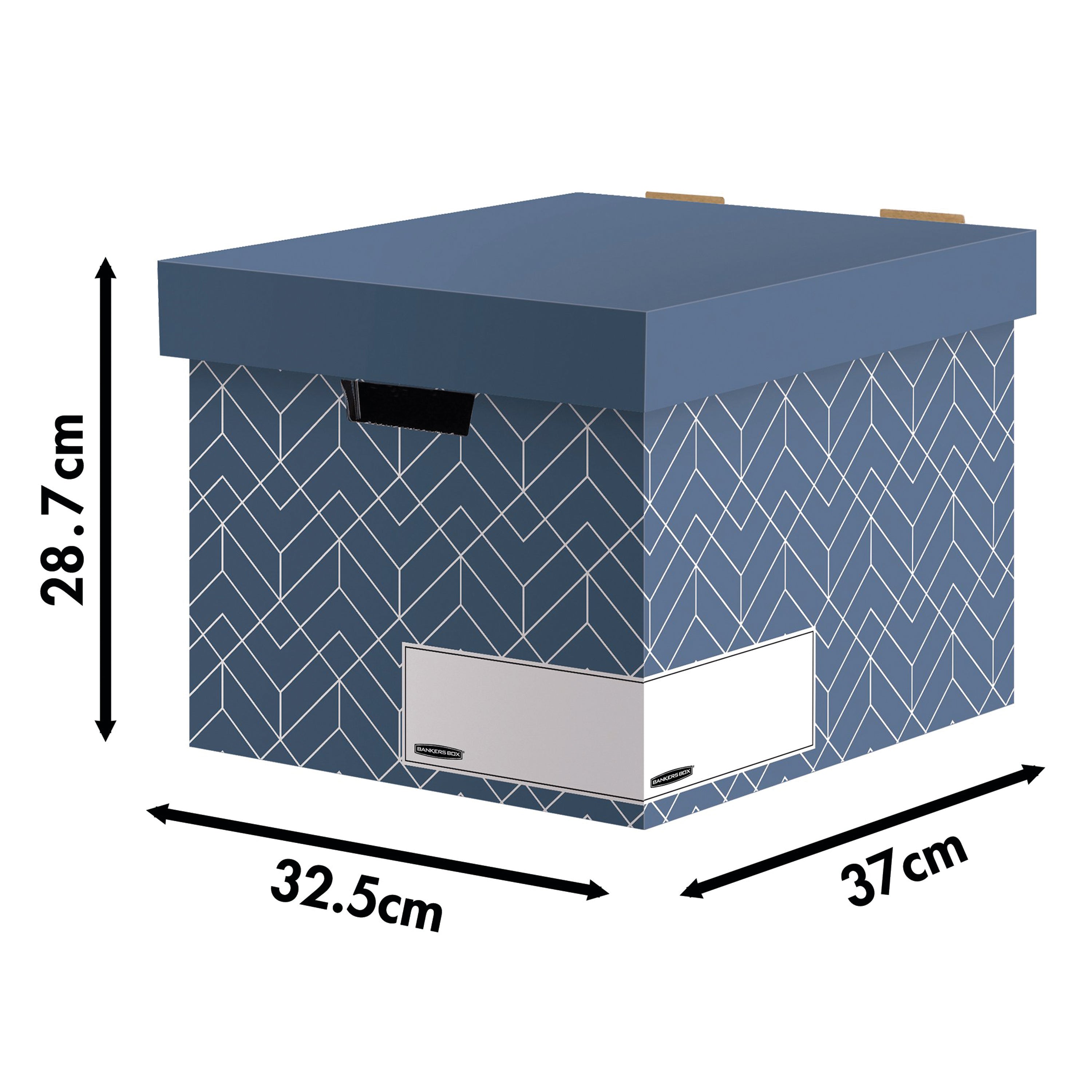 A stylish stack of slate blue Bankers Box Decor storage boxes for modern home organizing.