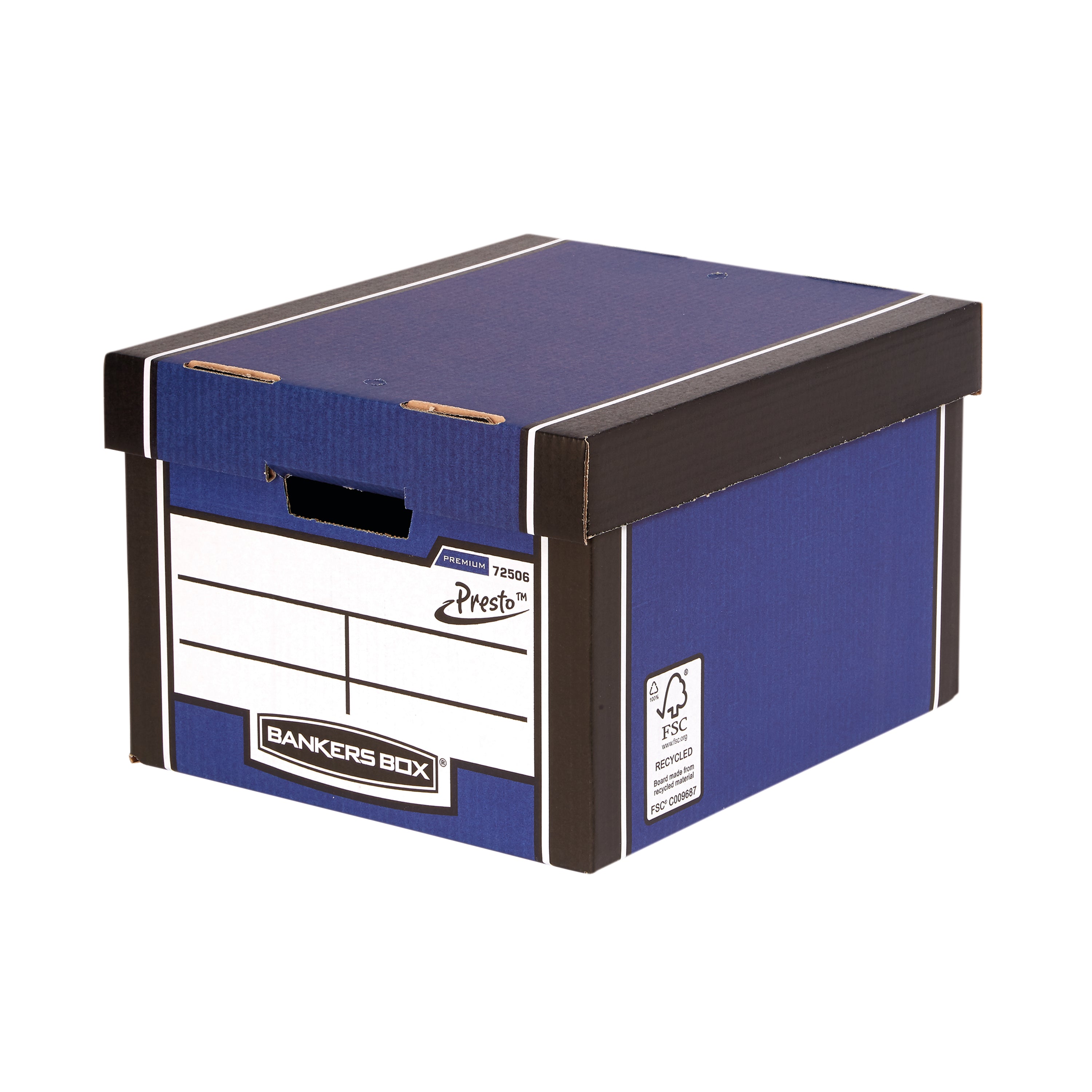 Bankers Box Premium Classic storage box in blue, with FastFold assembly and a lift-off lid.