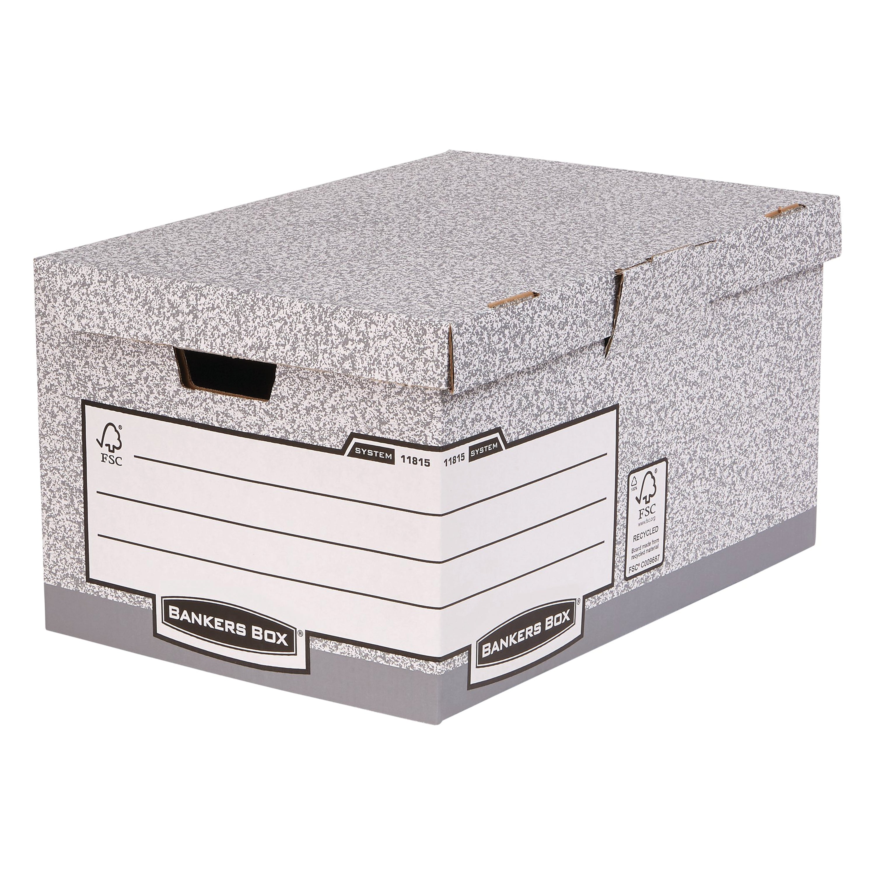 Grey Bankers Box System flip-top storage box, showing its sturdy build.
