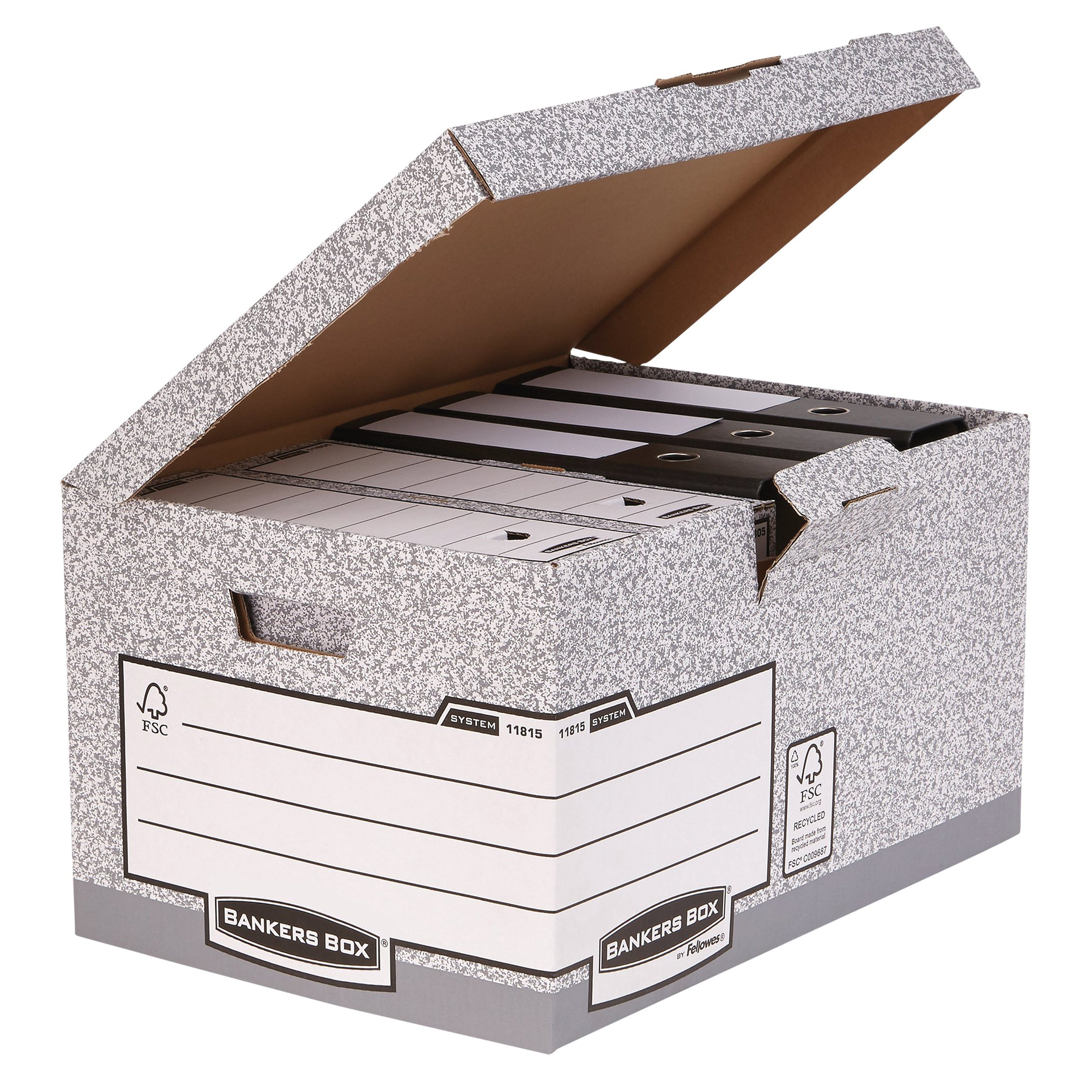 The easy-to-open hinged flip-top lid on the grey Fellowes Bankers Box System storage box.