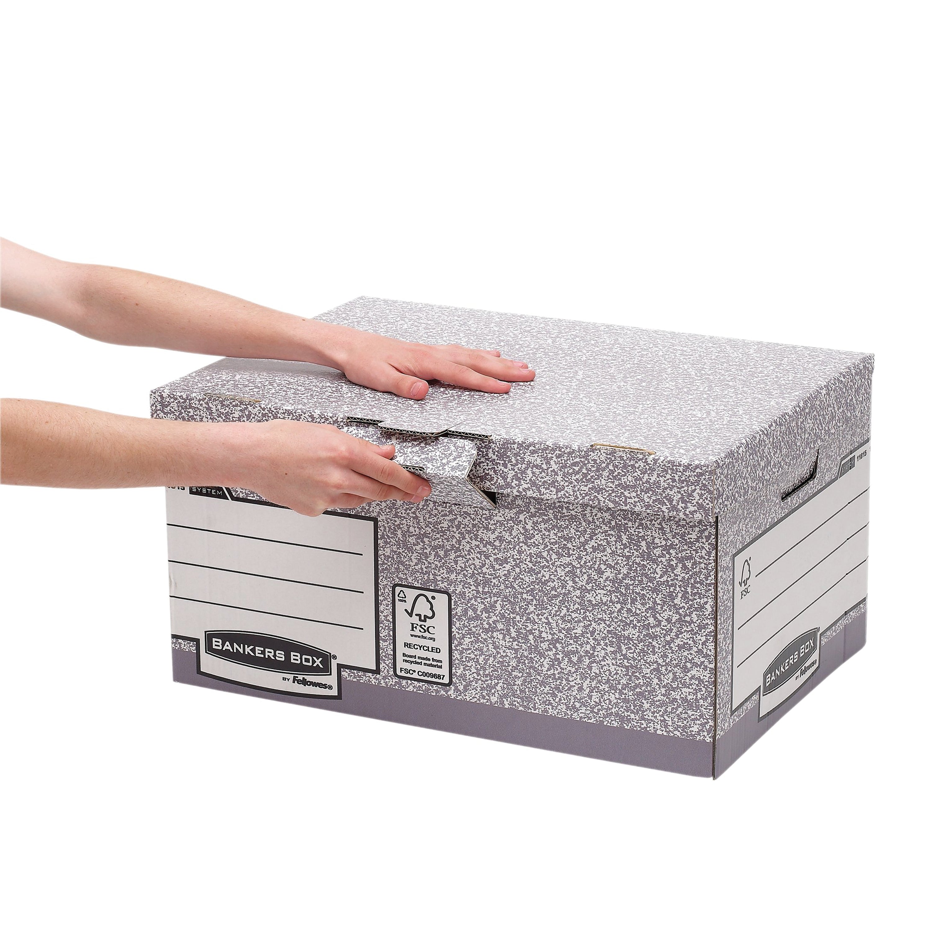 Inside view of the grey flip-top storage box, perfect for holding foolscap or A4 files.