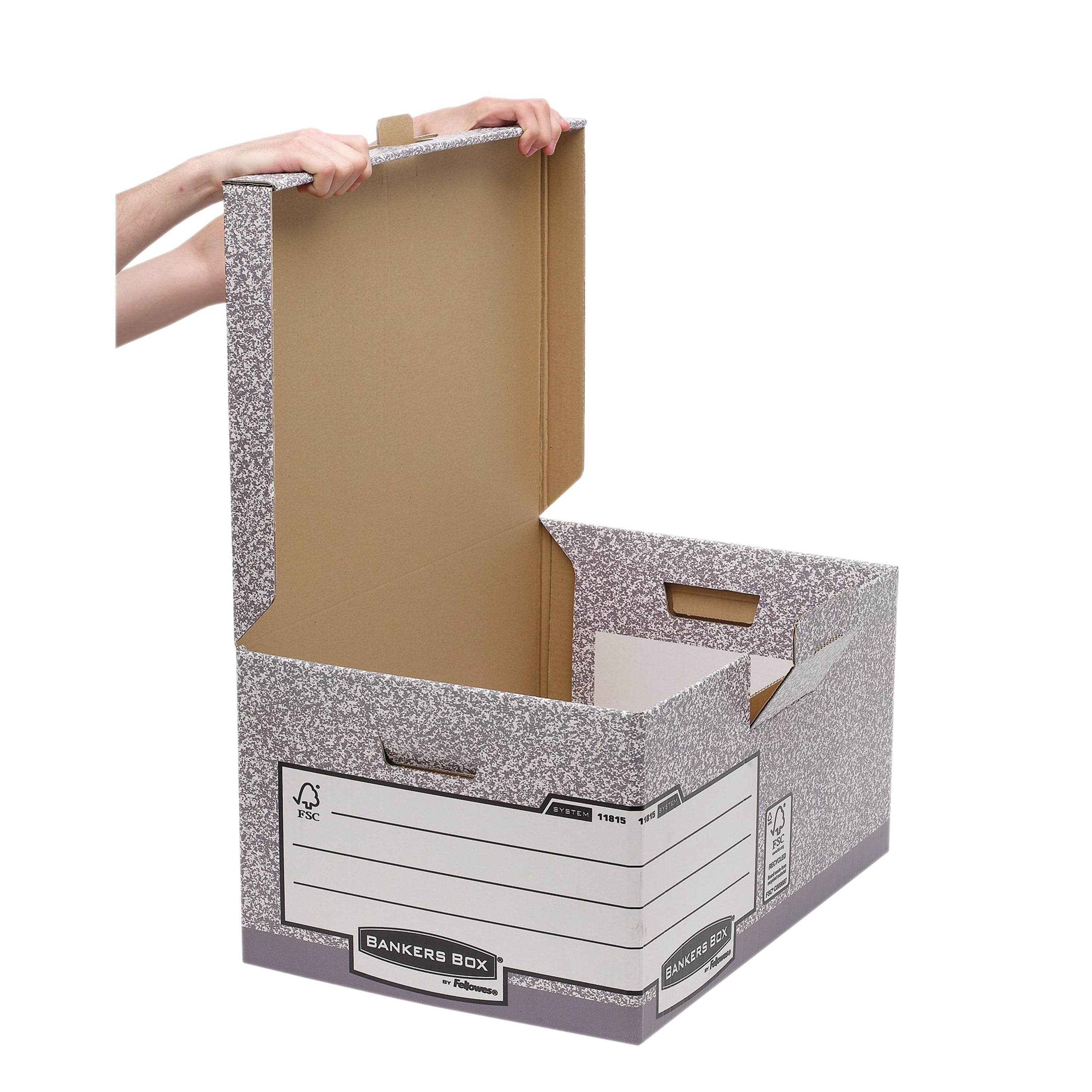 Multiple grey Bankers Box System flip-top boxes stacked securely for modular office storage.