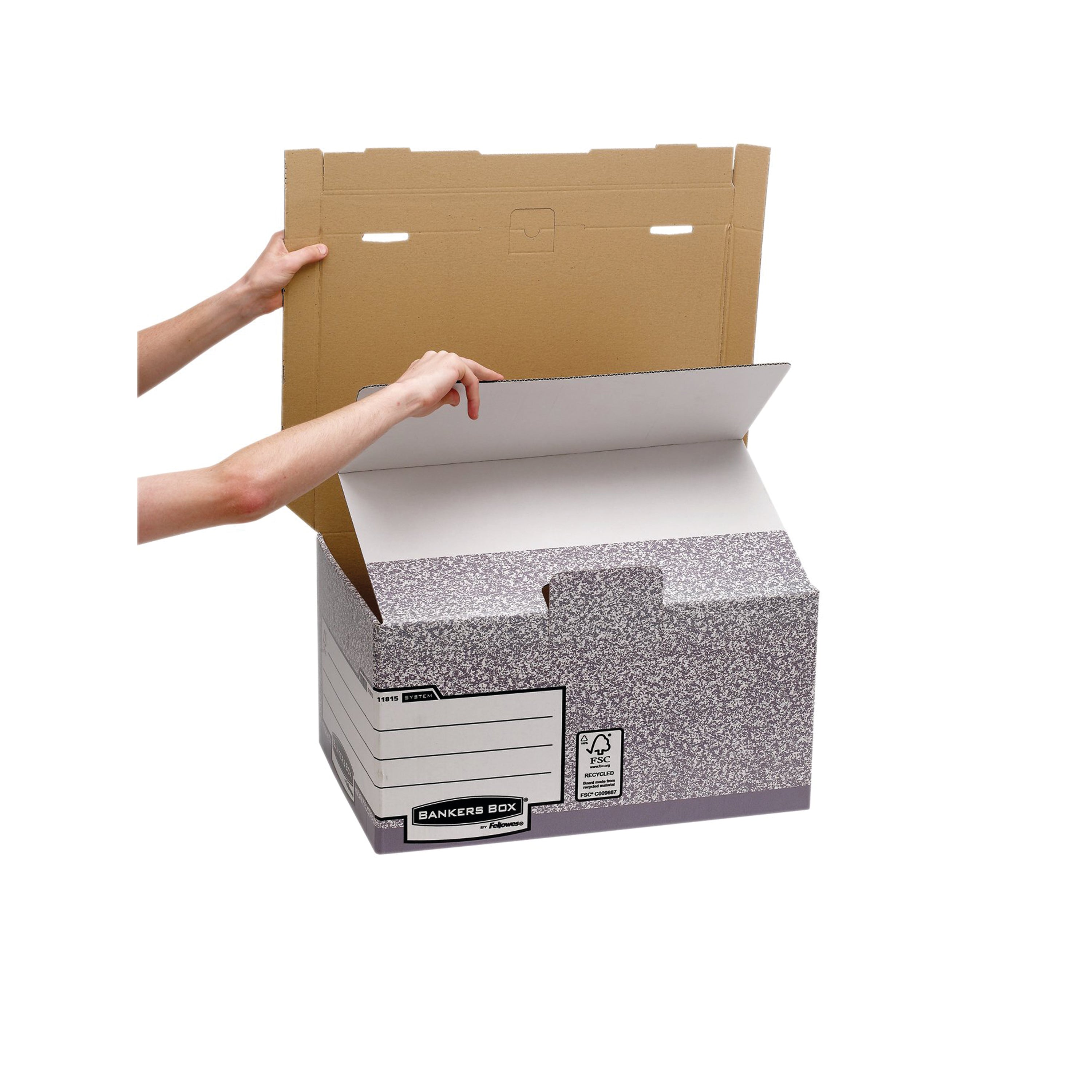 The large labeling area on the front of the grey Bankers Box System flip-top storage box.