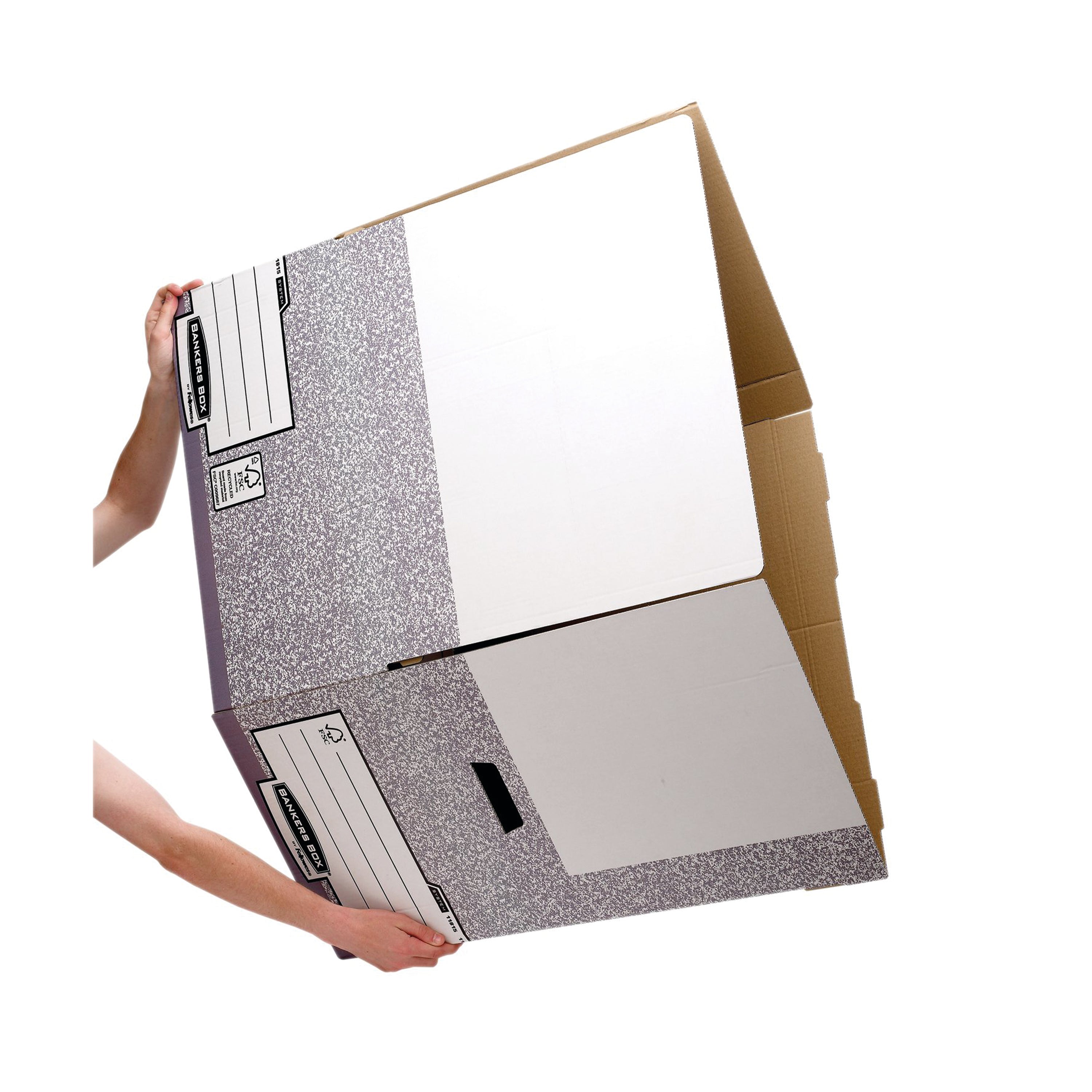 An empty grey Bankers Box System flip-top box shown from a top-down three-quarter angle.