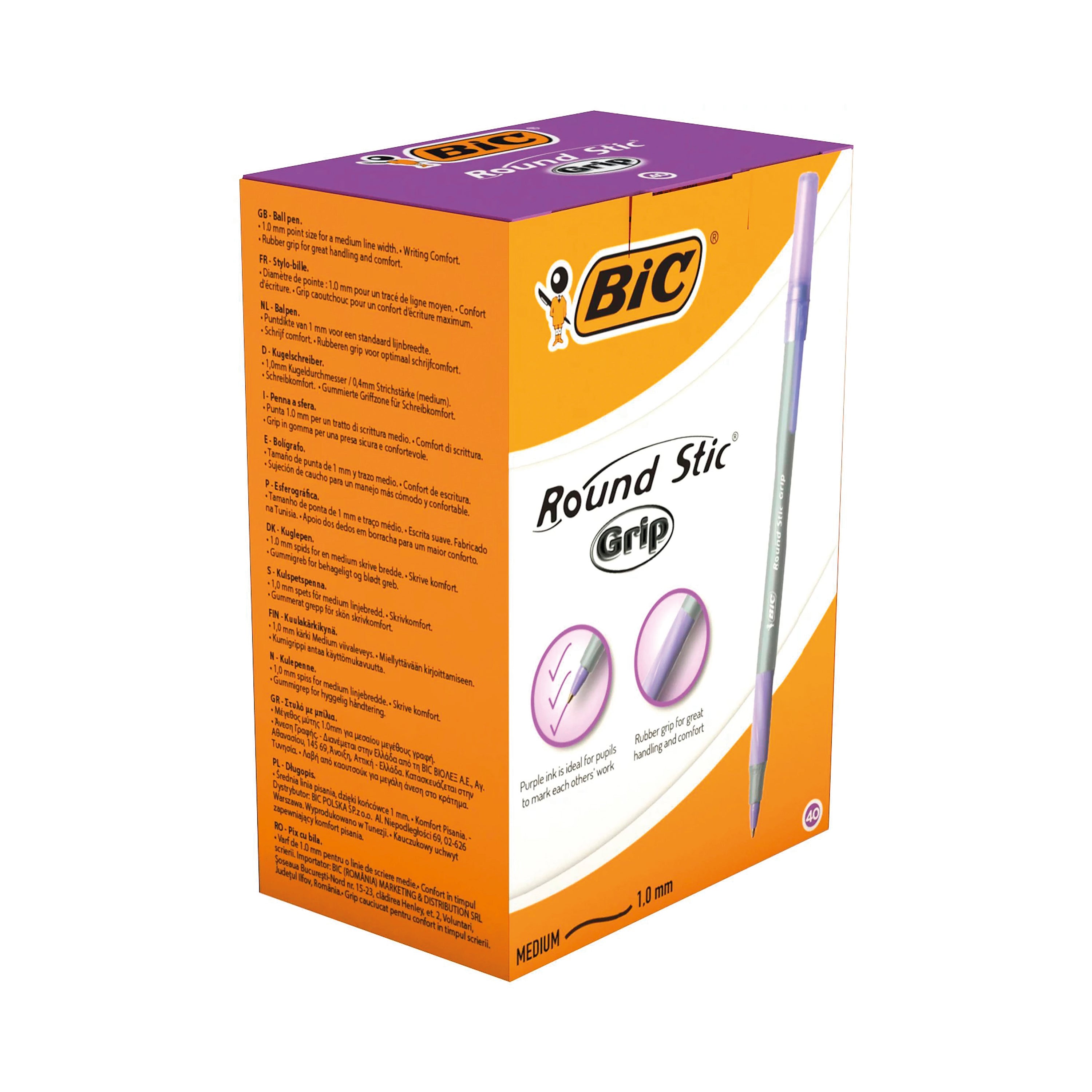 Bic Round Stic Grip Ballpoint Pen Purple – (Pack of 40)