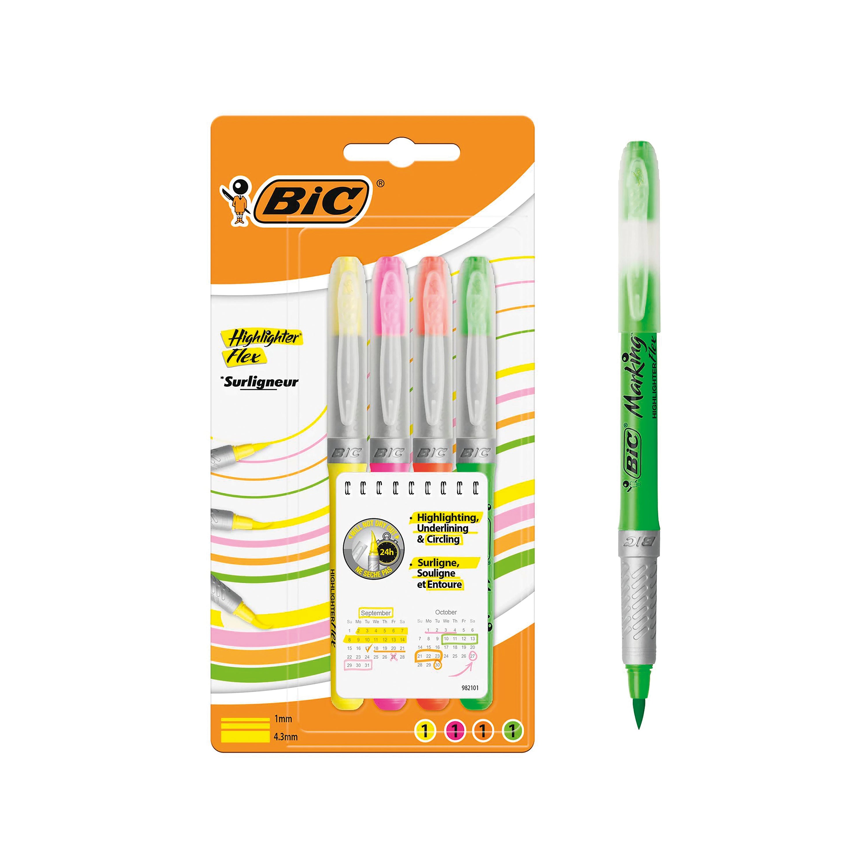 Bic Highlighter Flex Brush Tip Assorted Colours - (Pack of 4)