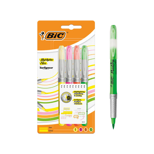 Bic Highlighter Flex Brush Tip Assorted Colours - (Pack of 4)
