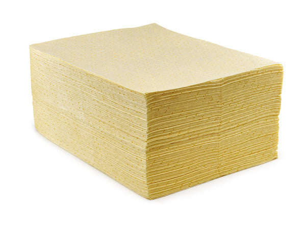 Stack of 100 yellow B-Smart/Fentex chemical absorbent pads.