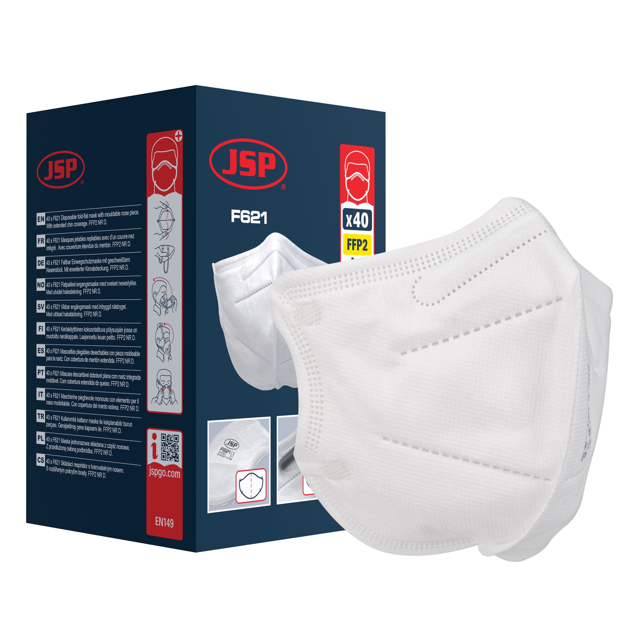 JSP Disposable Vertical Fold Flat Mask FFP2 (F621) - Retail Ready - Pack of 2