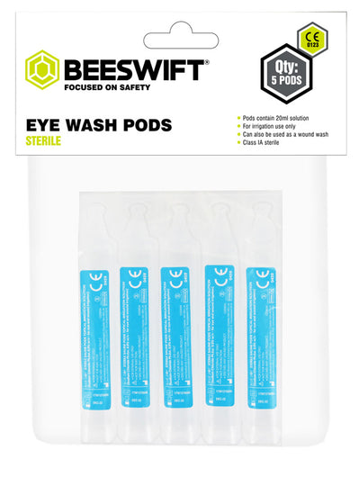 Box of 5 B-Safe sterile eyewash pods, each containing 20ml of saline.
