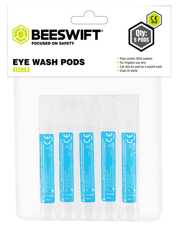 Strip of five B-Safe 20ml sterile eyewash pods for emergency eye irrigation.