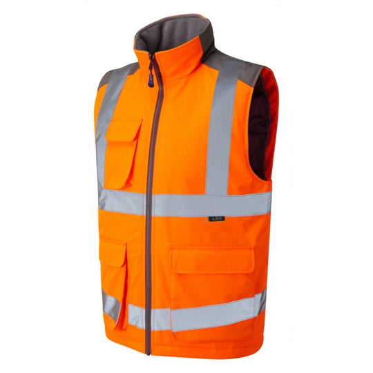 Leo Workwear hi-vis orange Torrington bodywarmer with reflective tape for visibility and warmth