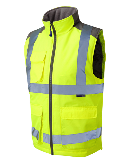 Leo Workwear yellow high-visibility waistcoat for reliable worker safety on construction sites