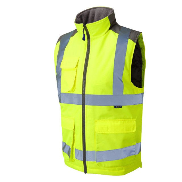 Leo Workwear hi-vis yellow bodywarmer with company logo, premium embroidered safety vest