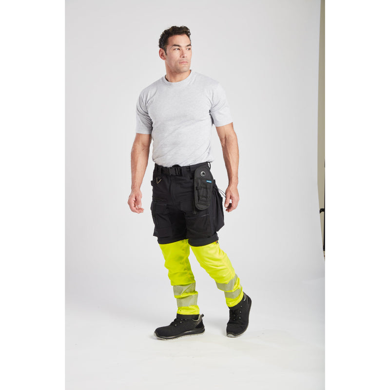 Close-up of the triple-stitched seams on the modular work trousers.
