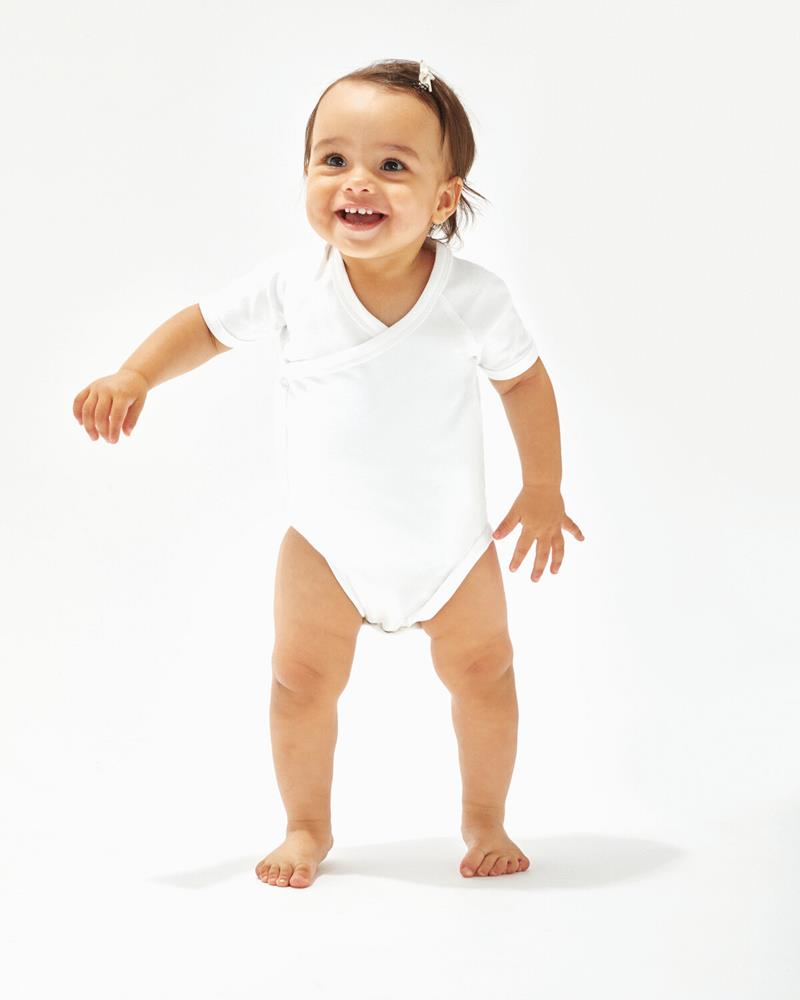 White short-sleeve kimono bodysuit by Babybugz, on a baby.