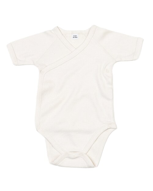 Natural organic short-sleeve kimono bodysuit from Babybugz, flat lay.