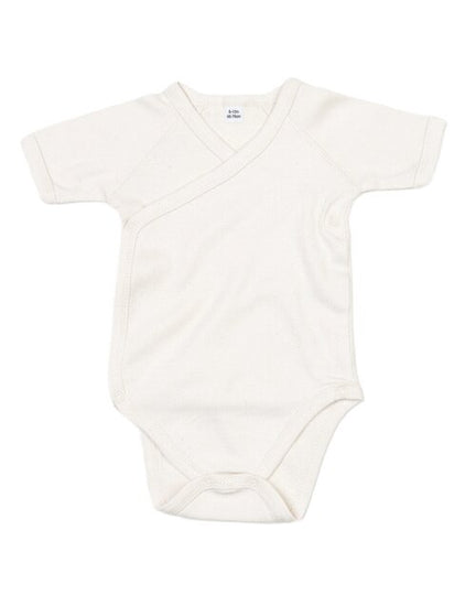 Natural organic short-sleeve kimono bodysuit from Babybugz, flat lay.