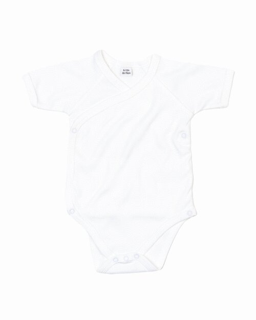 White short-sleeve kimono bodysuit by Babybugz, laid flat.