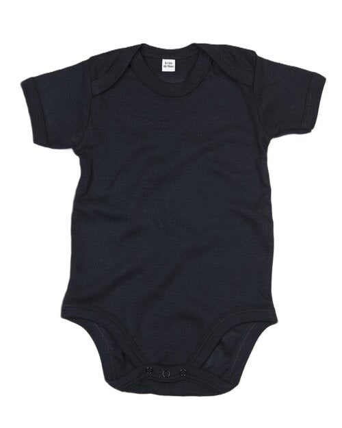 Solid black short-sleeve baby bodysuit from Babybugz, flat lay.