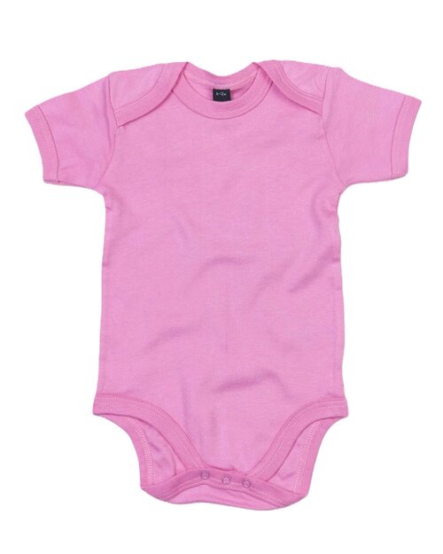 Bubblegum pink short-sleeve baby bodysuit by Babybugz, laid flat.