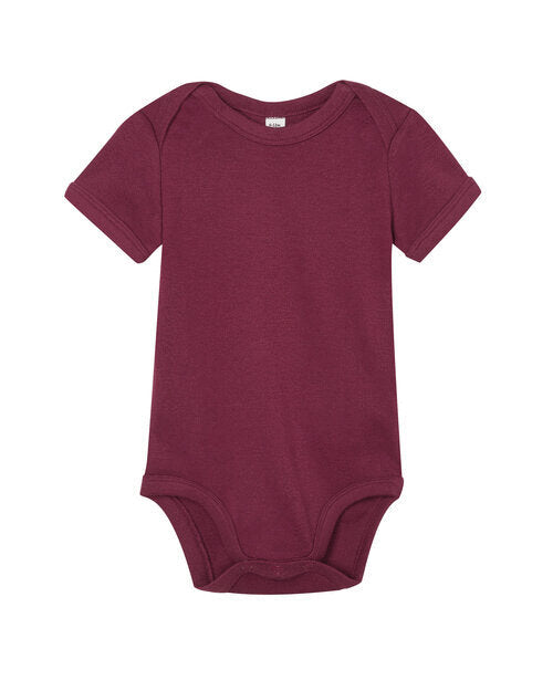 Burgundy red short-sleeve baby bodysuit from Babybugz, flat lay.