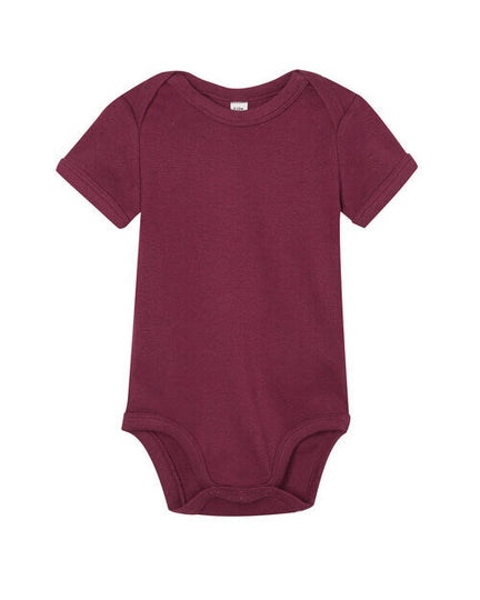 Burgundy red short-sleeve baby bodysuit from Babybugz, flat lay.