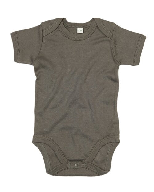 Camouflage print short-sleeve baby bodysuit by Babybugz, flat lay.