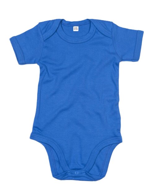 Cobalt blue short-sleeve baby bodysuit from Babybugz, laid flat.