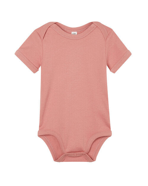Dusty rose short-sleeve baby bodysuit by Babybugz, flat lay.