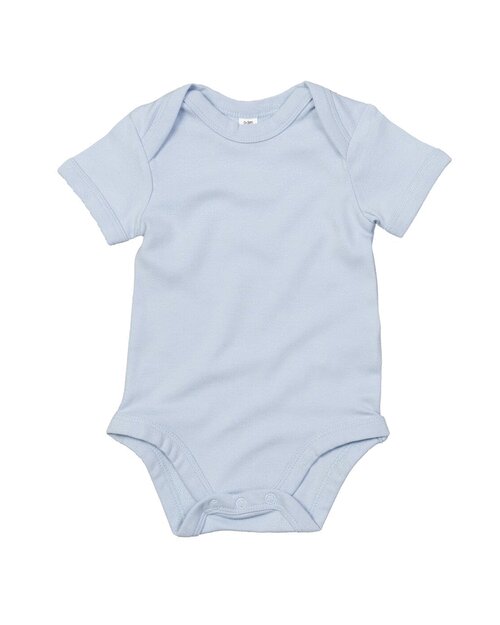 Dusty blue short-sleeve baby bodysuit from Babybugz, laid flat.