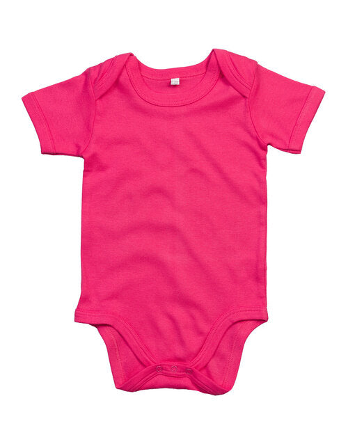 Fuchsia pink short-sleeve baby bodysuit by Babybugz, flat lay.