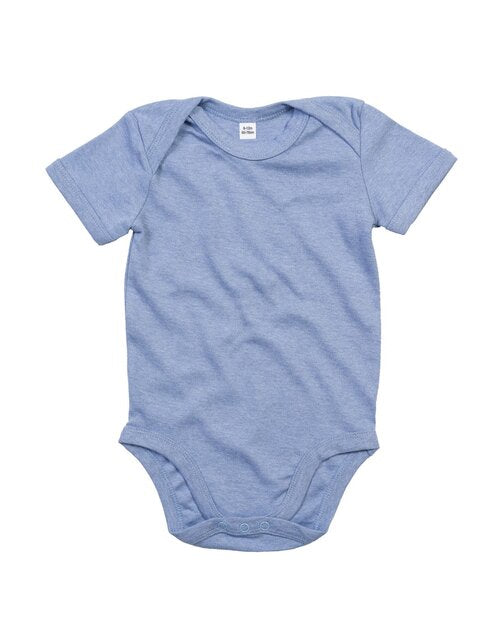 Heather blue short-sleeve baby bodysuit by Babybugz, laid flat.