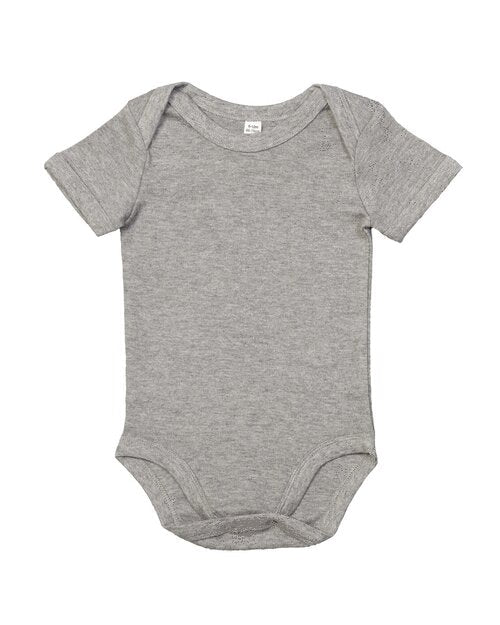 Heather grey marl short-sleeve baby bodysuit from Babybugz, flat lay.
