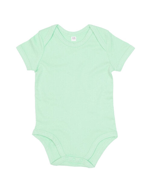 Mint green short-sleeve baby bodysuit by Babybugz, flat lay.