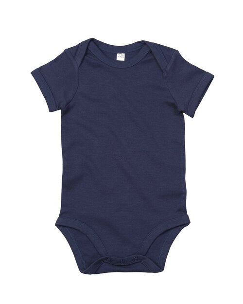 Navy blue short-sleeve baby bodysuit from Babybugz, laid flat.