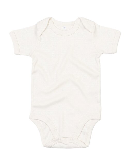 Organic natural short-sleeve baby bodysuit by Babybugz, flat lay.