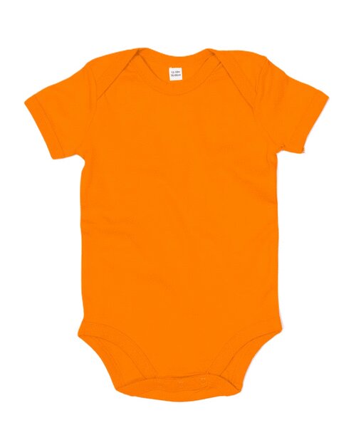 Bright orange short-sleeve baby bodysuit from Babybugz, flat lay.