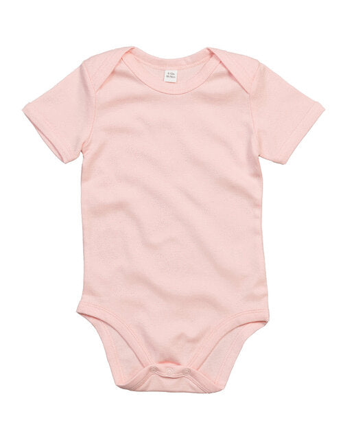 Powder pink short-sleeve baby bodysuit by Babybugz, laid flat.